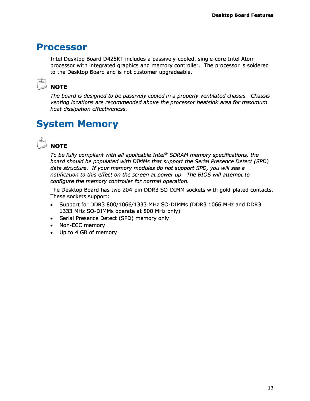 Intel D425KT manual Processor, System Memory 