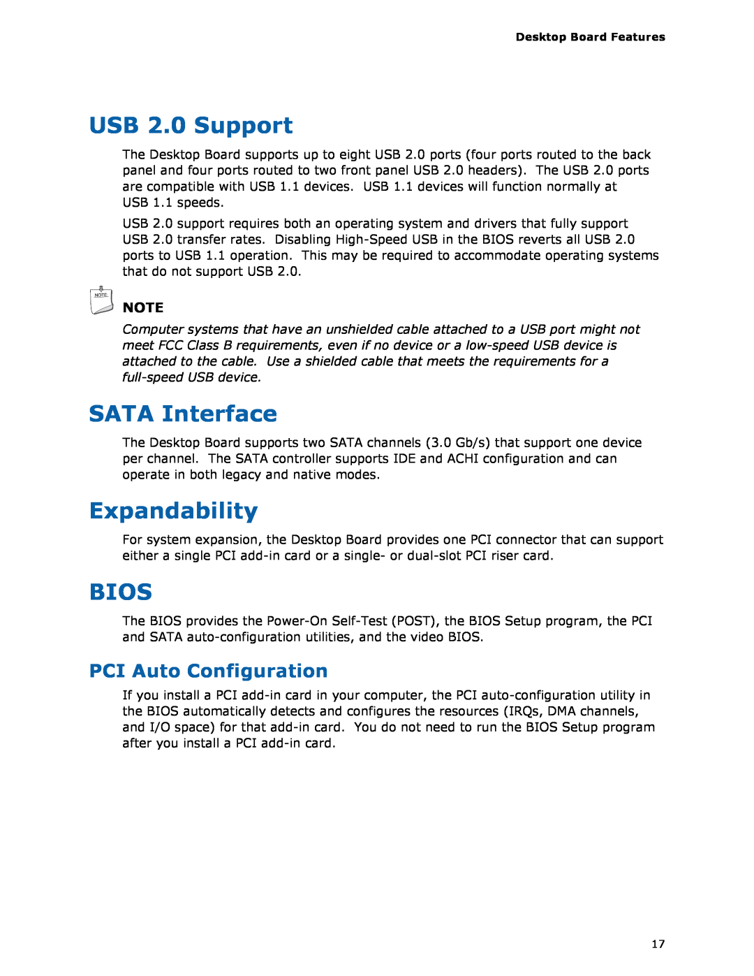 Intel D425KT manual USB 2.0 Support, SATA Interface, Expandability, Bios, PCI Auto Configuration 