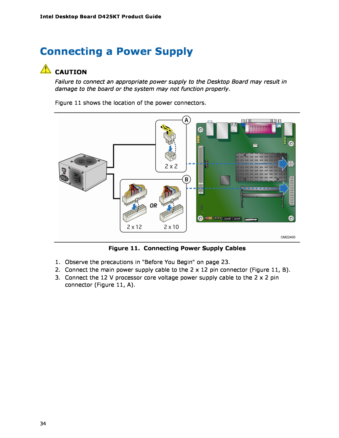 Intel D425KT manual Connecting a Power Supply, Connecting Power Supply Cables 
