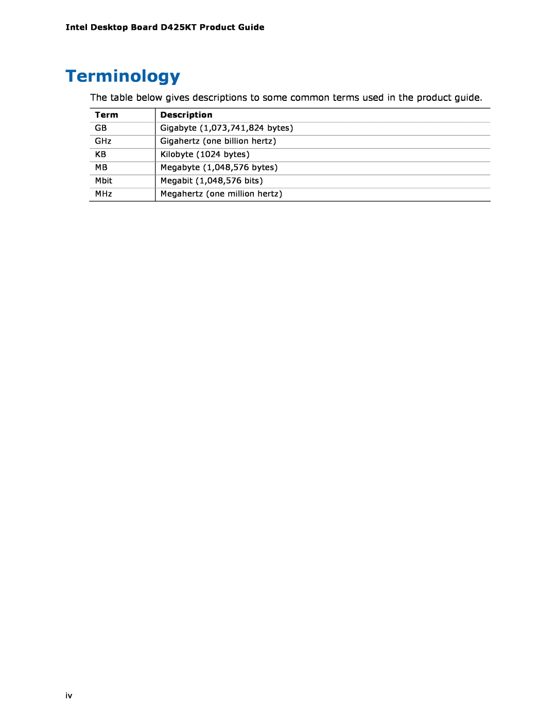 Intel manual Terminology, Intel Desktop Board D425KT Product Guide, Description 