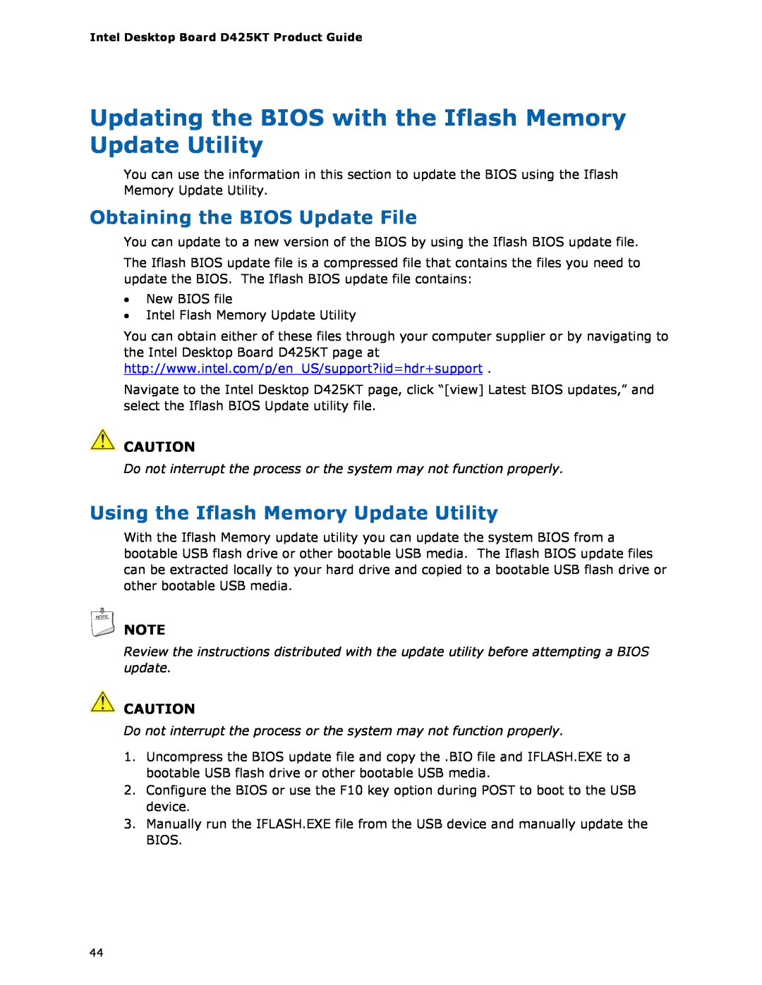Intel D425KT manual Updating the BIOS with the Iflash Memory Update Utility, Obtaining the BIOS Update File 
