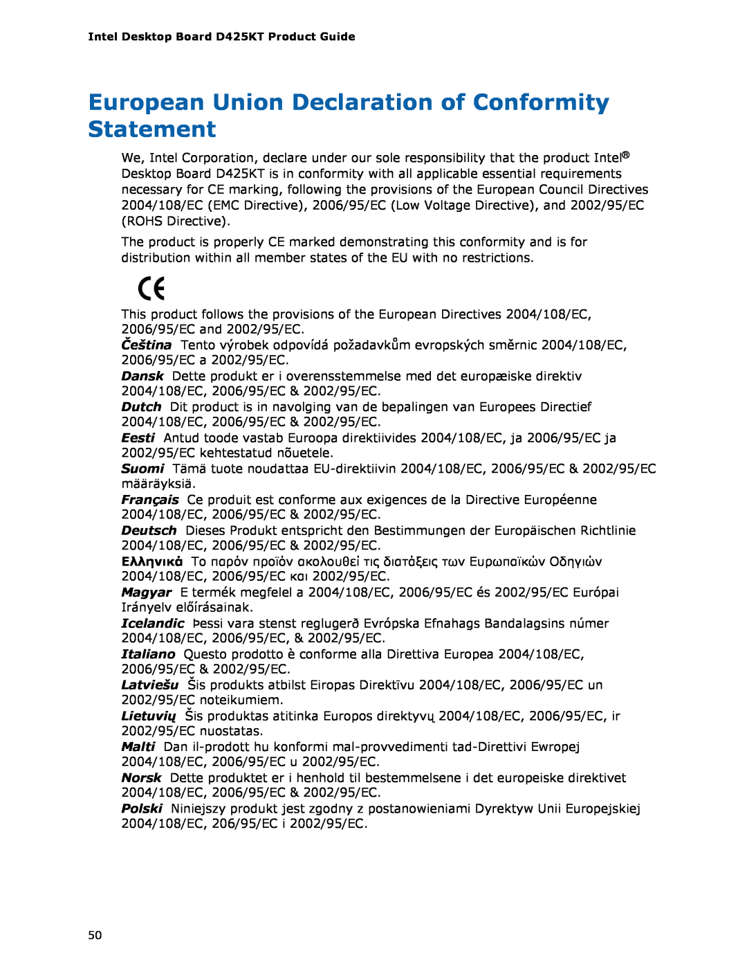 Intel D425KT manual European Union Declaration of Conformity Statement 