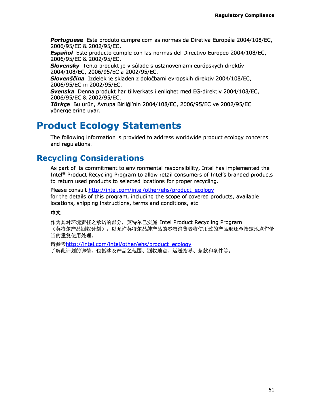 Intel D425KT manual Product Ecology Statements, Recycling Considerations 