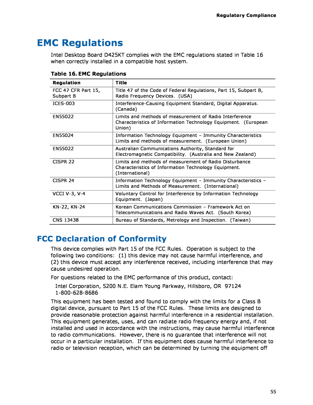 Intel D425KT manual EMC Regulations, FCC Declaration of Conformity 