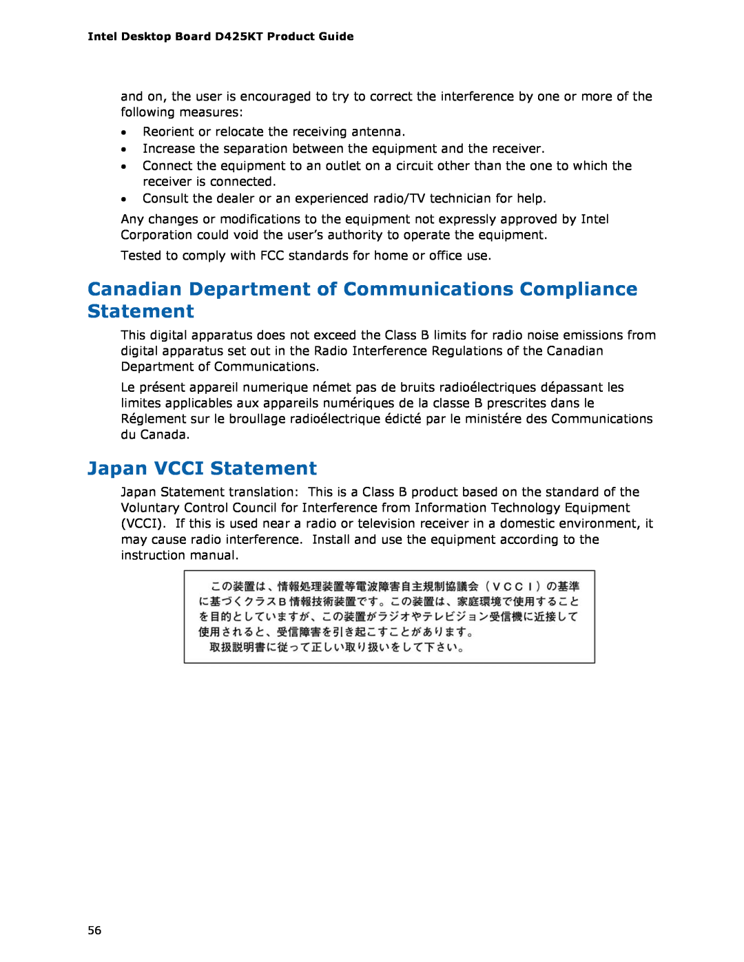 Intel D425KT manual Canadian Department of Communications Compliance Statement, Japan VCCI Statement 