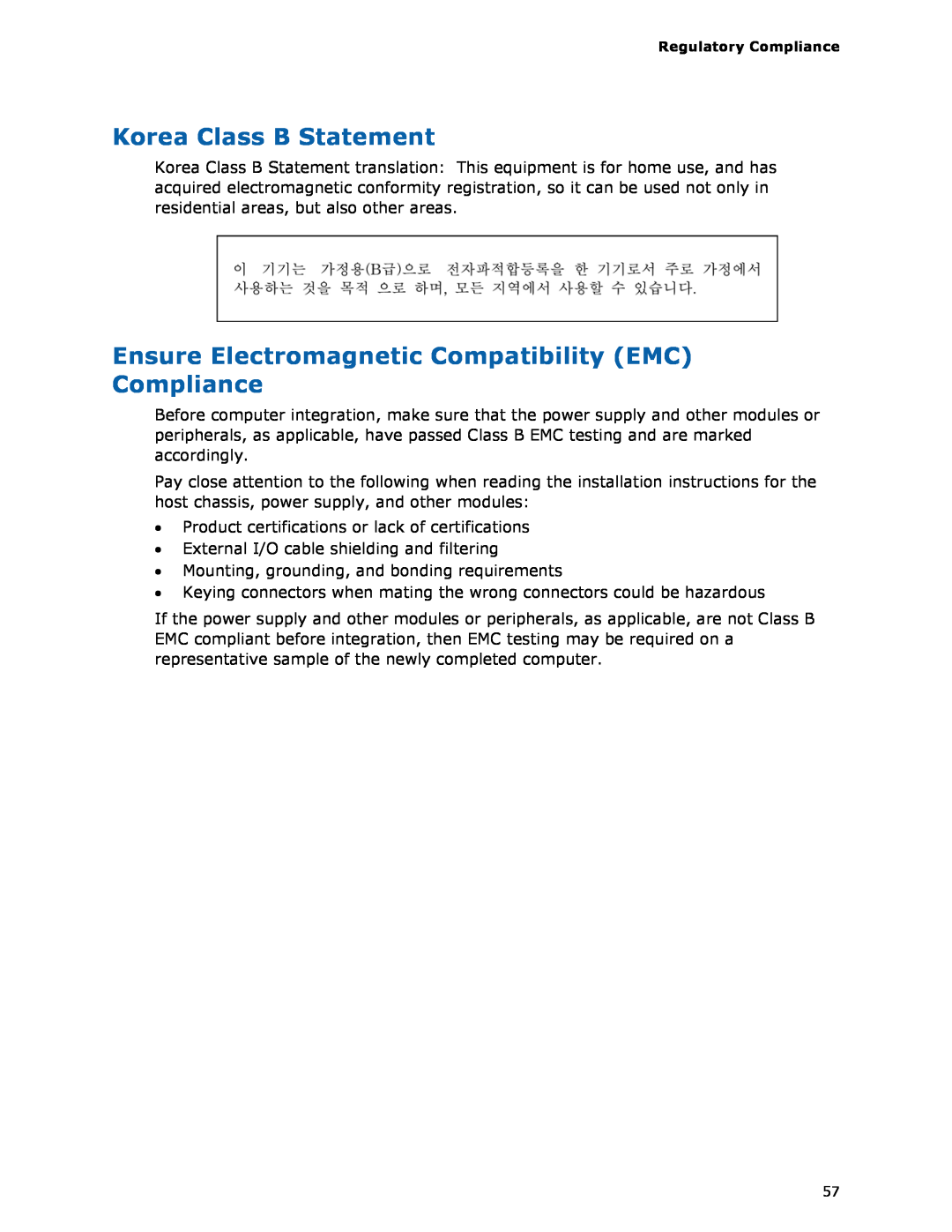 Intel D425KT manual Korea Class B Statement, Ensure Electromagnetic Compatibility EMC Compliance 