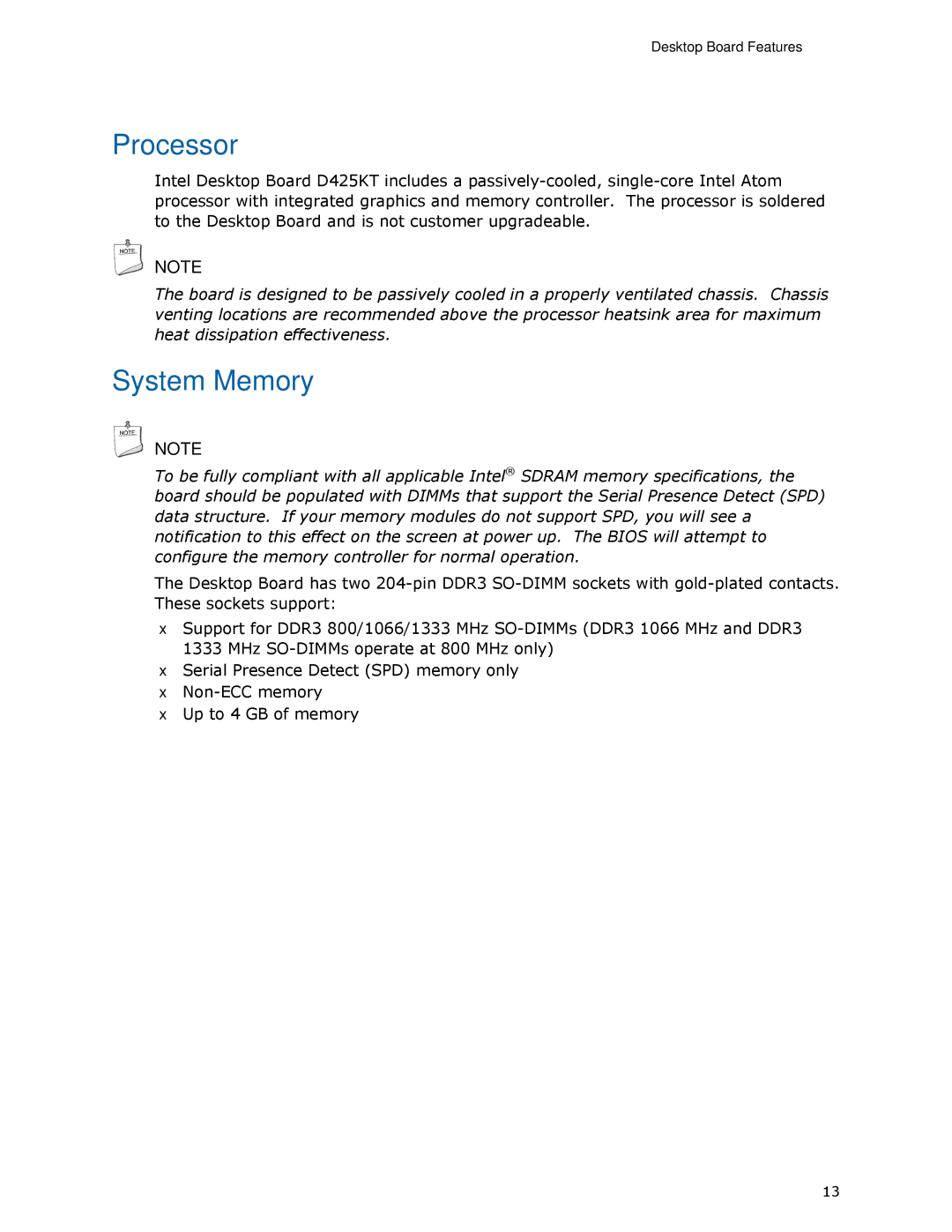 Intel D425KT manual Processor, System Memory 