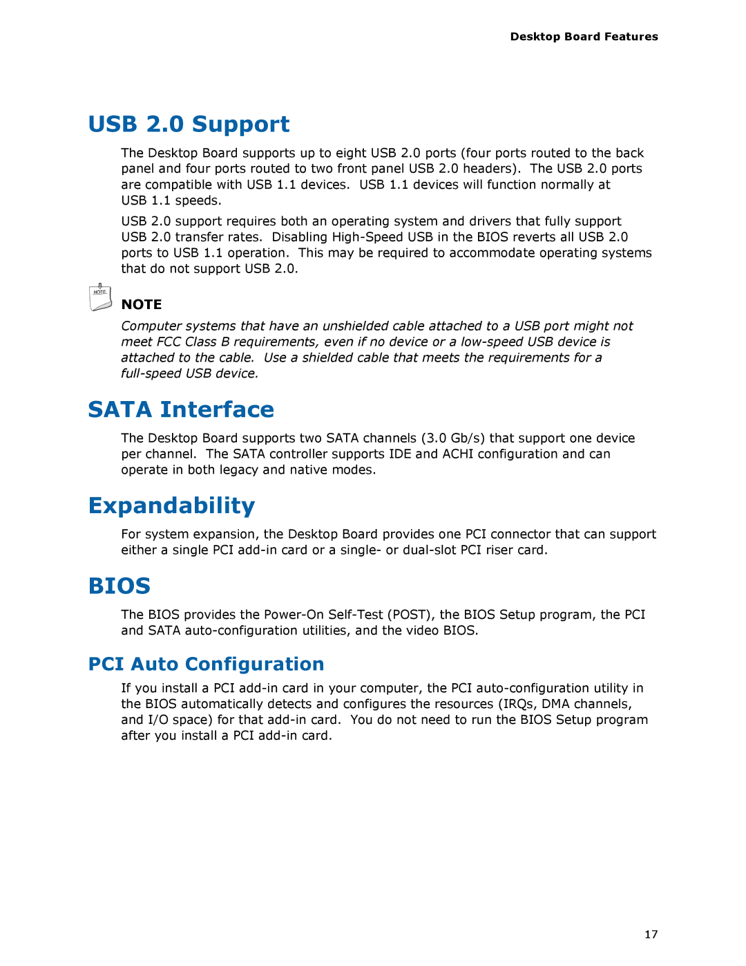 Intel D425KT manual USB 2.0 Support, Sata Interface, Expandability, PCI Auto Configuration 