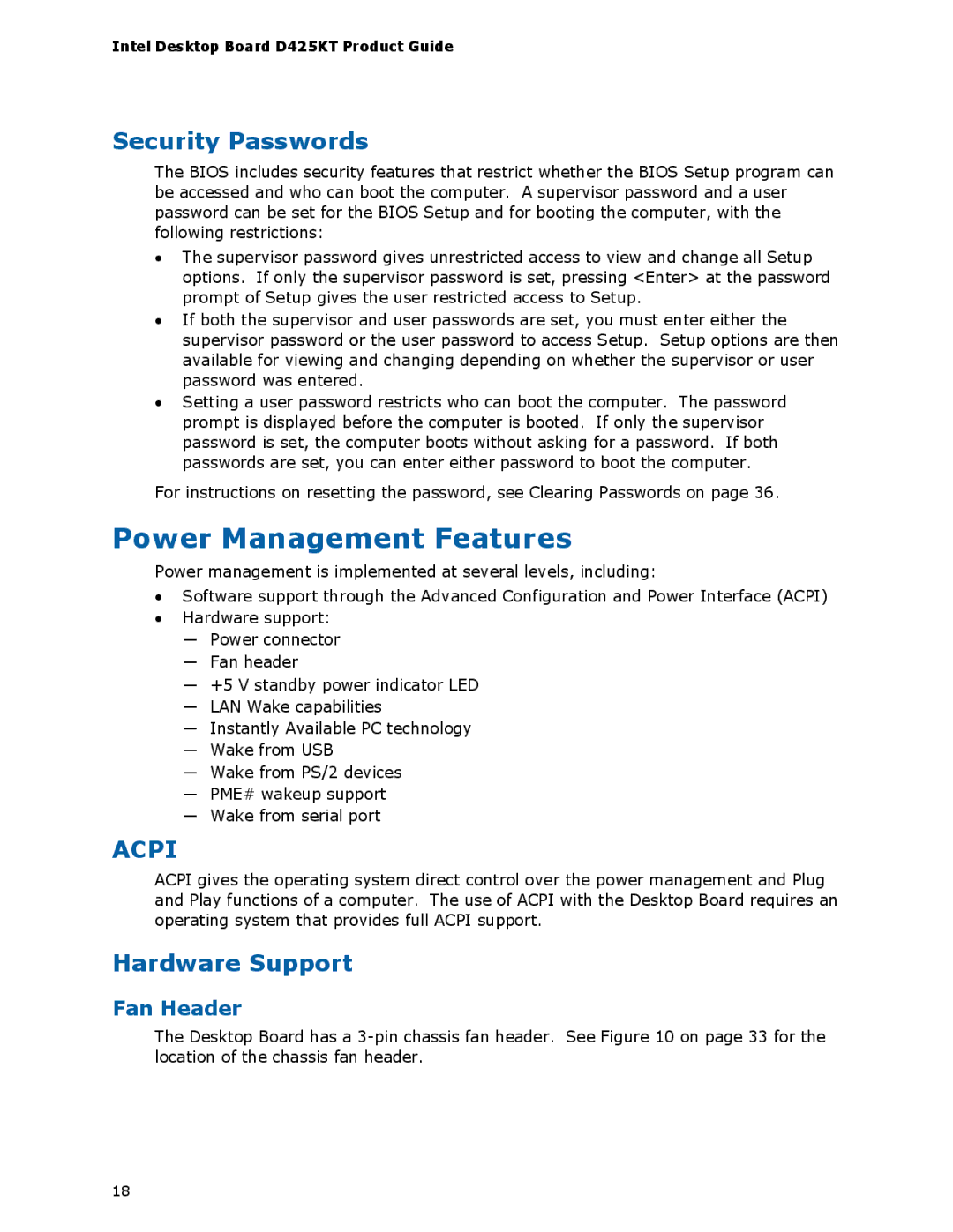 Intel D425KT manual Power Management Features, Security Passwords, Hardware Support 