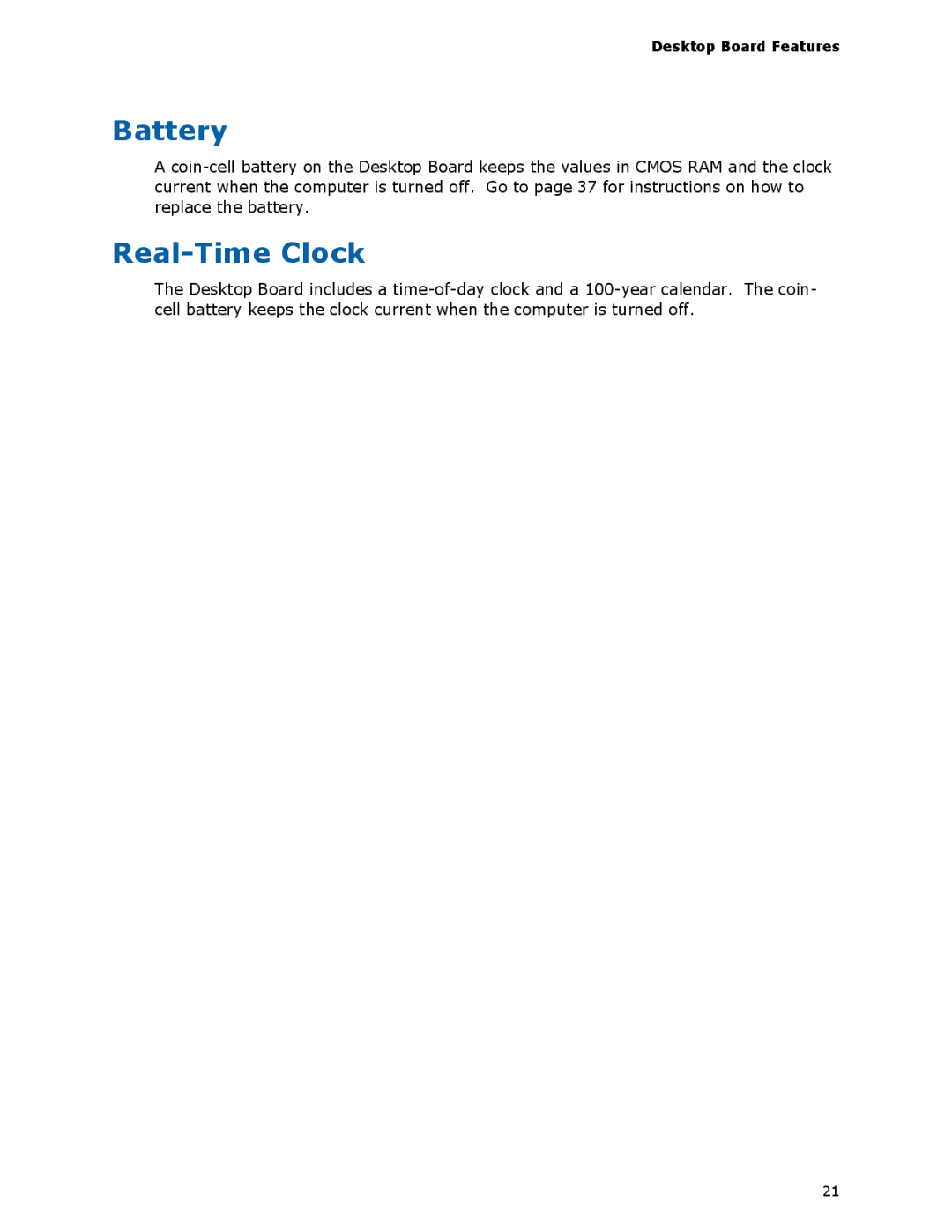 Intel D425KT manual Battery, Real-Time Clock 