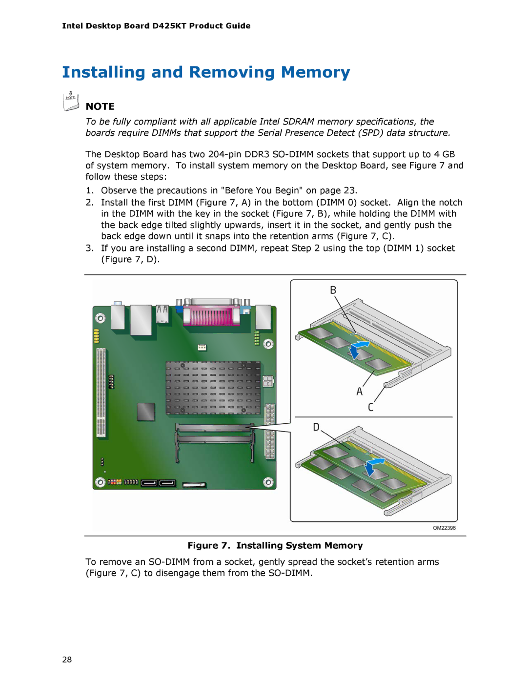 Intel D425KT manual Installing and Removing Memory, Installing System Memory 