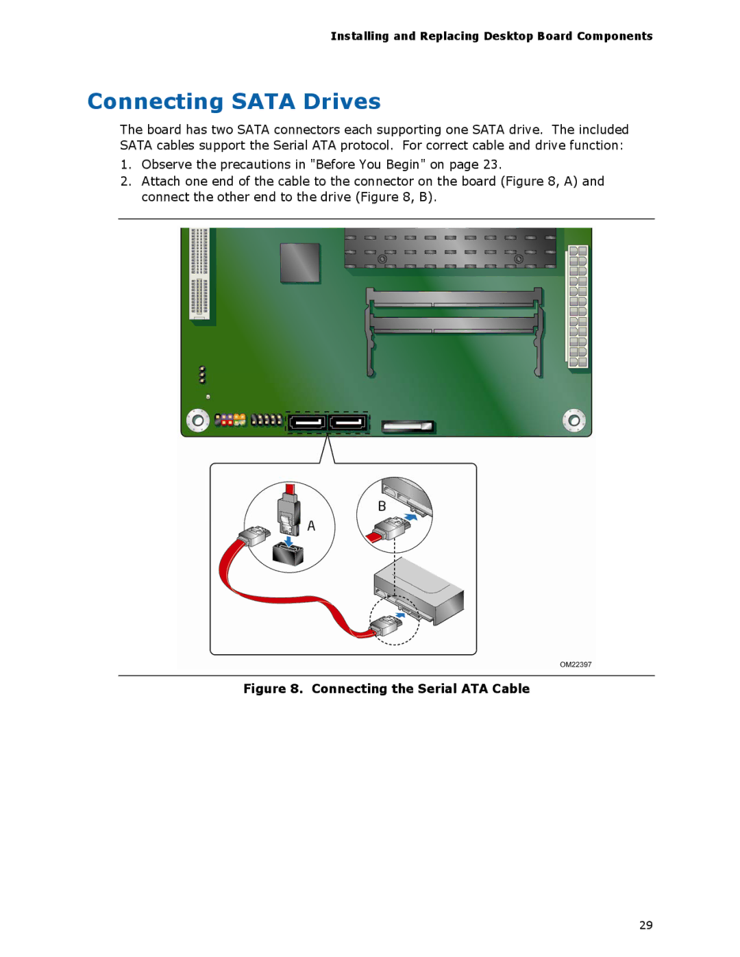 Intel D425KT manual Connecting Sata Drives, Connecting the Serial ATA Cable 