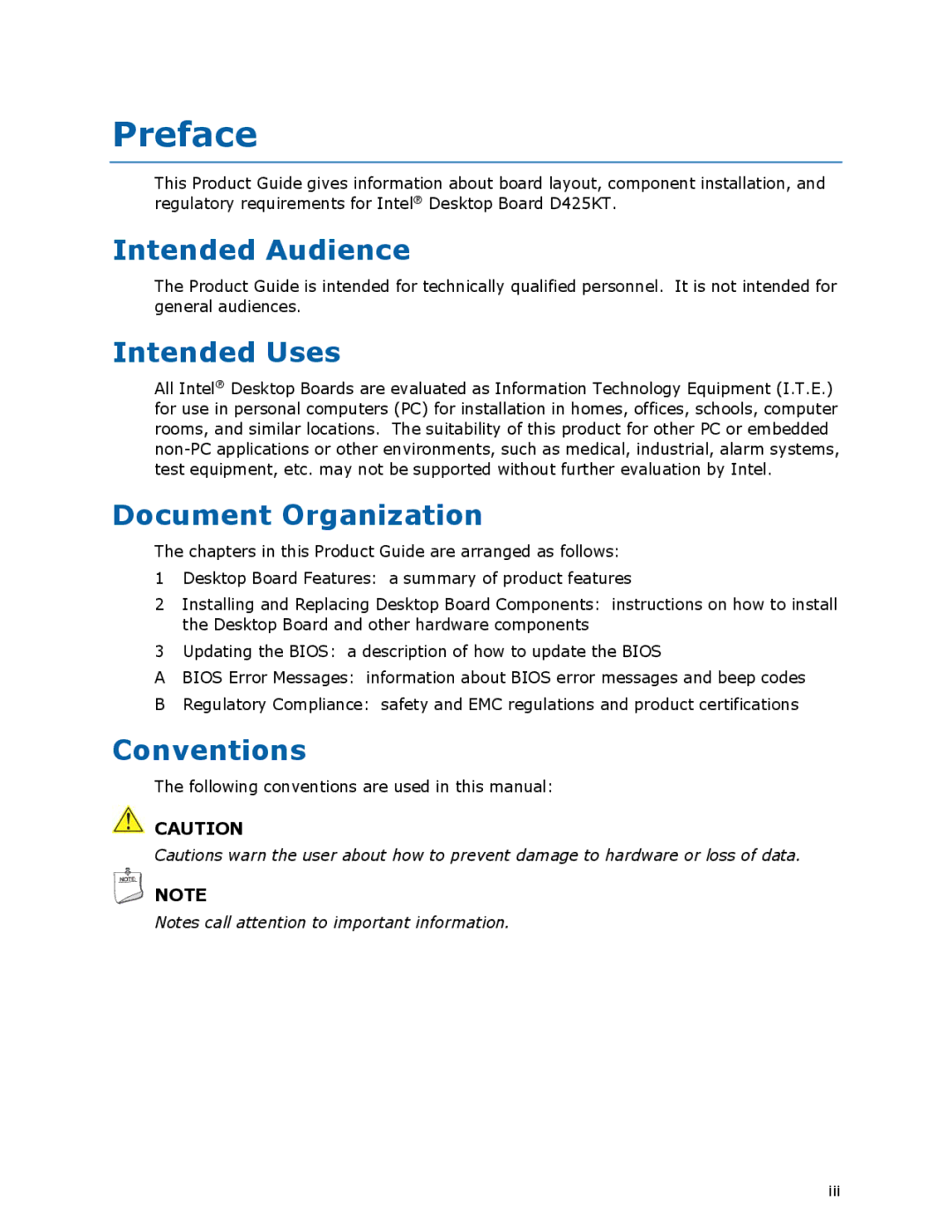 Intel D425KT manual Preface, Intended Audience, Intended Uses, Document Organization, Conventions 