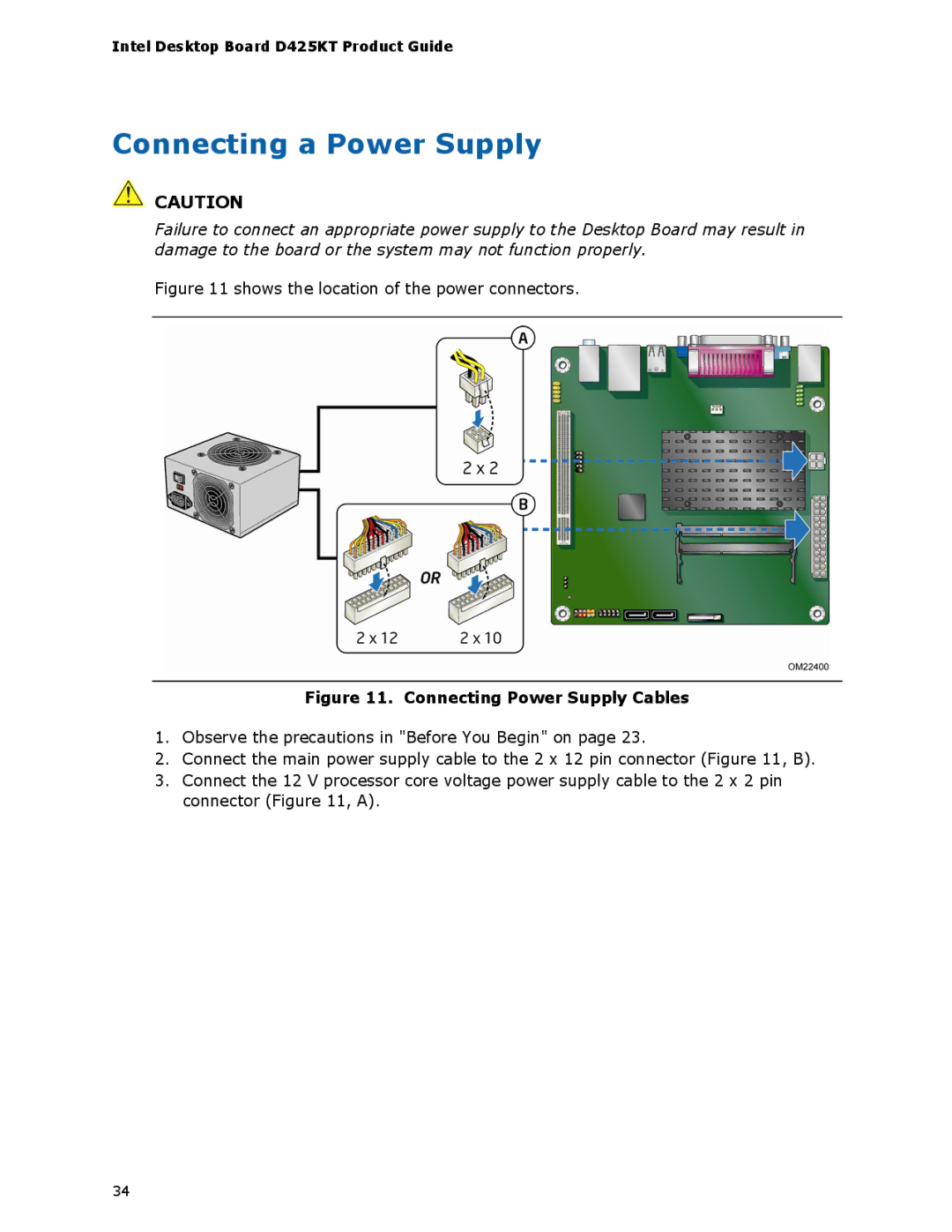 Intel D425KT manual Connecting a Power Supply, Connecting Power Supply Cables 