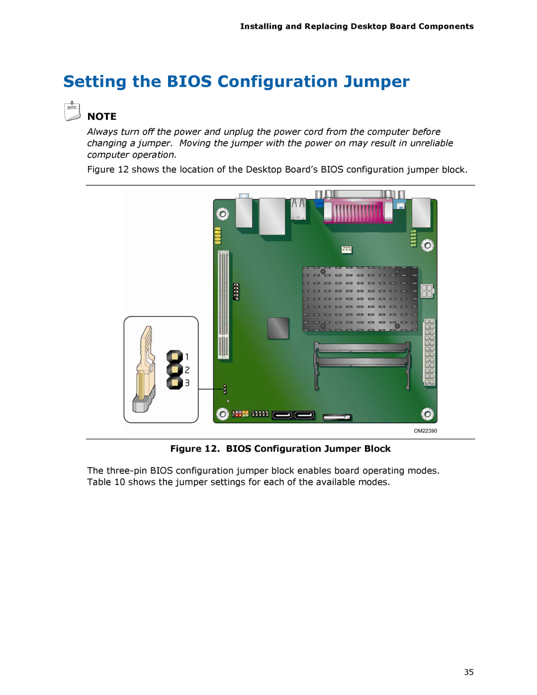 Intel D425KT manual Setting the Bios Configuration Jumper, Bios Configuration Jumper Block 