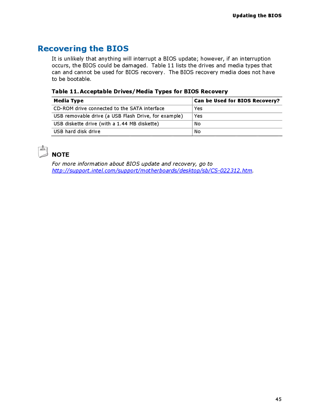 Intel D425KT manual Recovering the Bios, Acceptable Drives/Media Types for Bios Recovery, Updating the Bios 