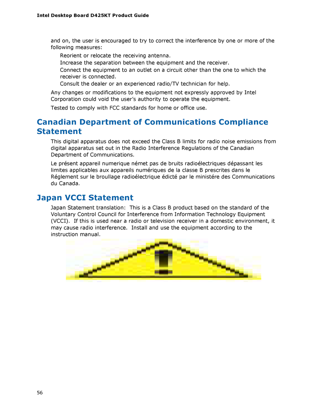 Intel D425KT manual Canadian Department of Communications Compliance Statement, Japan Vcci Statement 