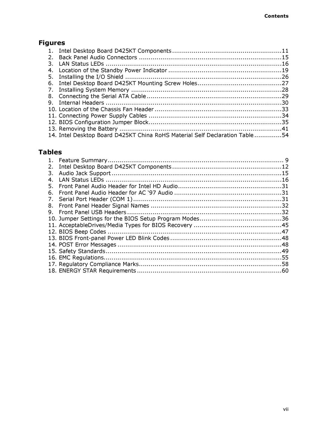 Intel D425KT manual Tables, Contents 