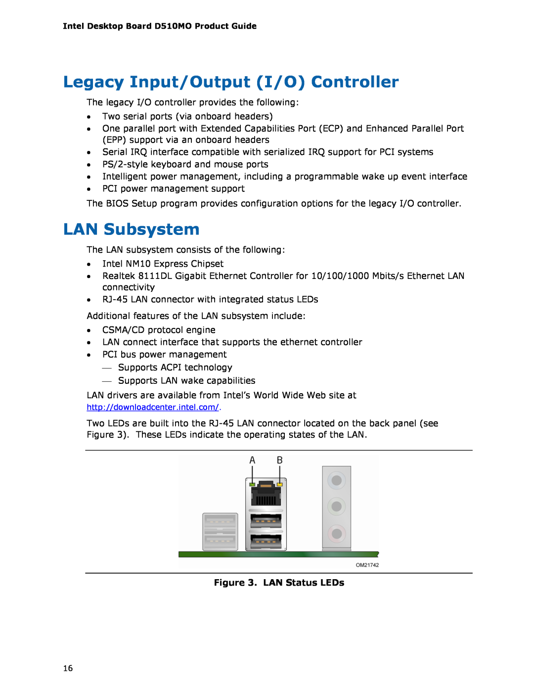 Intel D510MO manual Legacy Input/Output I/O Controller, LAN Subsystem, LAN Status LEDs 