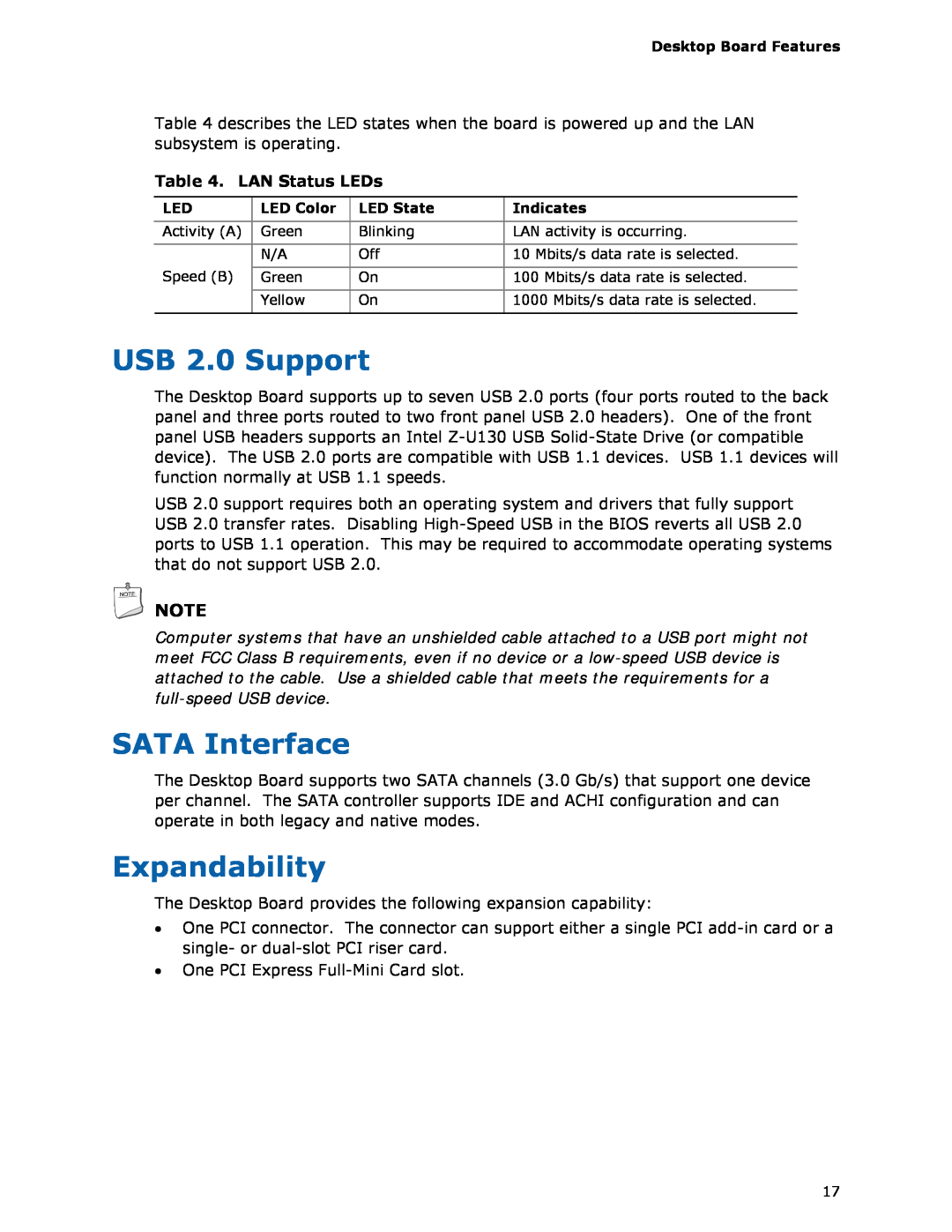 Intel D510MO manual USB 2.0 Support, SATA Interface, Expandability, LAN Status LEDs 