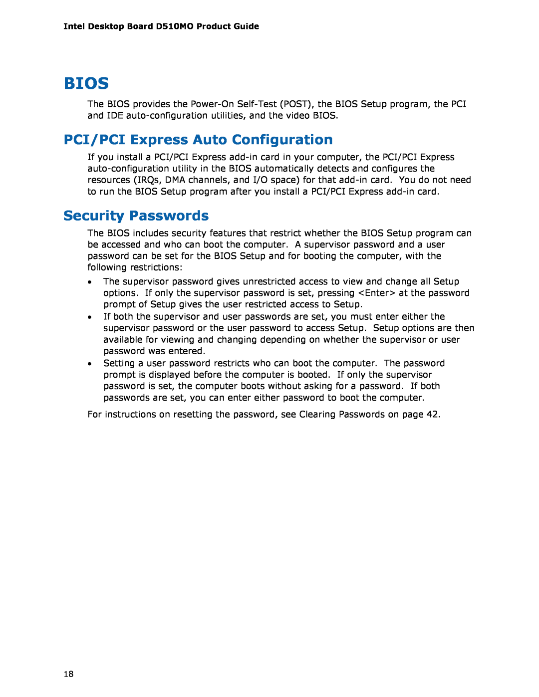 Intel D510MO manual Bios, PCI/PCI Express Auto Configuration, Security Passwords 