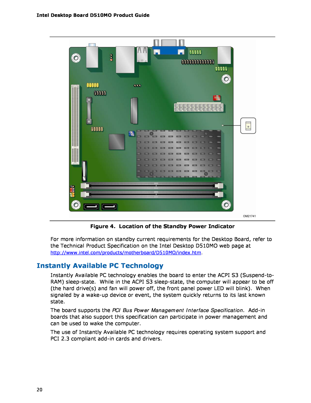 Intel D510MO manual Instantly Available PC Technology, Location of the Standby Power Indicator 