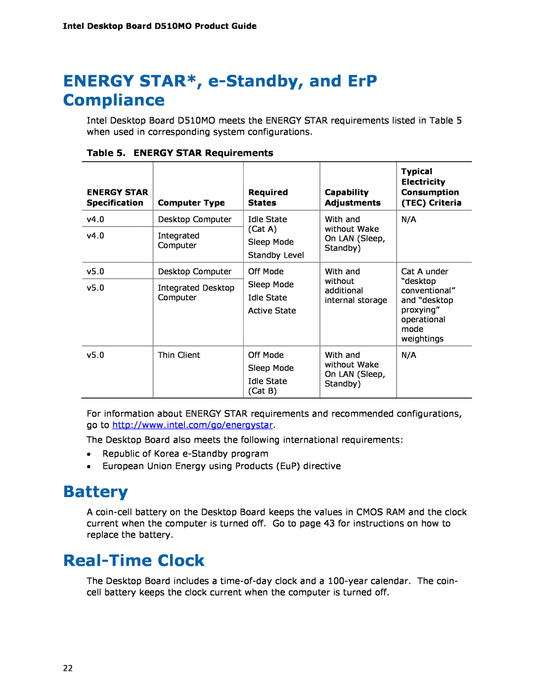 Intel D510MO manual ENERGY STAR*, e-Standby, and ErP Compliance, Battery, Real-Time Clock, ENERGY STAR Requirements 