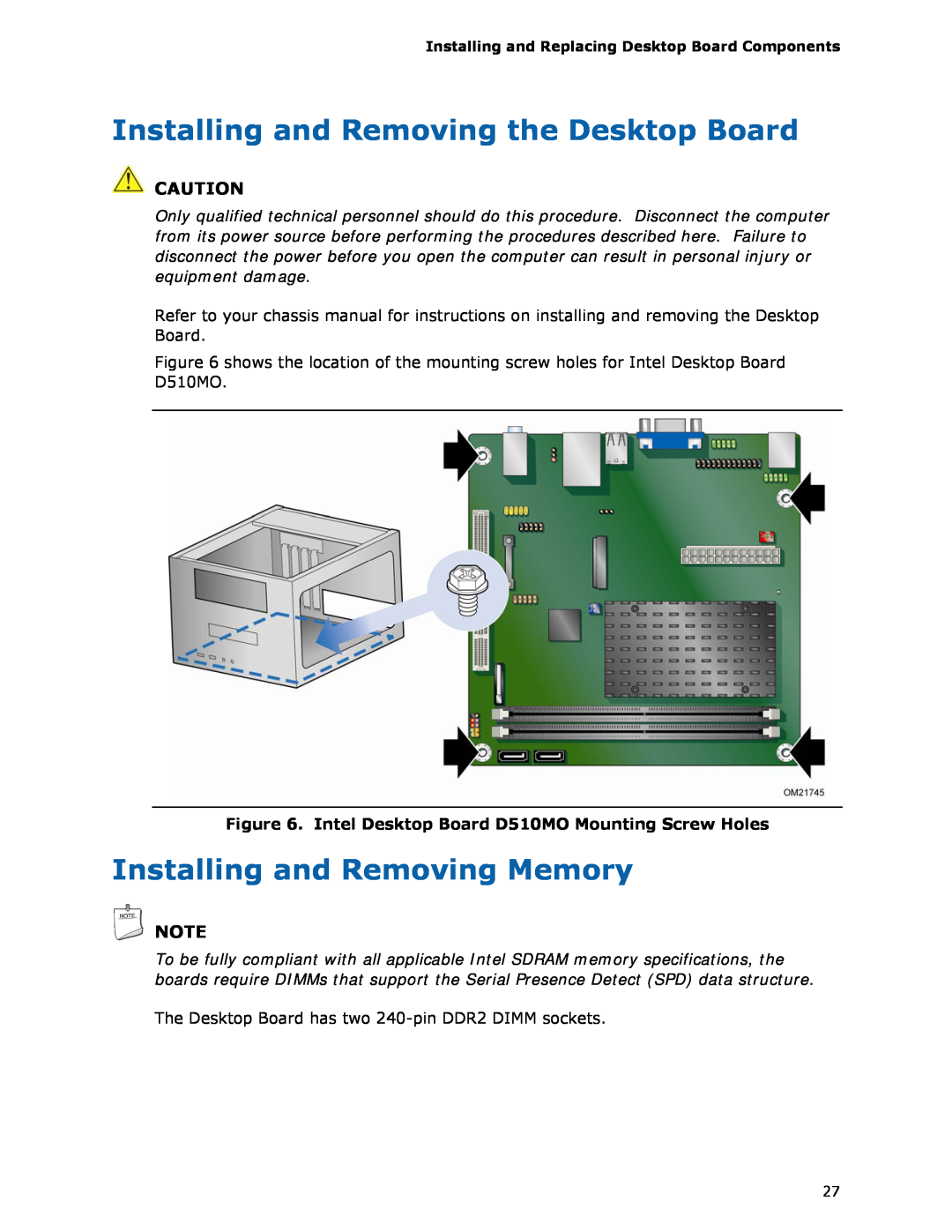 Intel D510MO manual Installing and Removing the Desktop Board, Installing and Removing Memory 