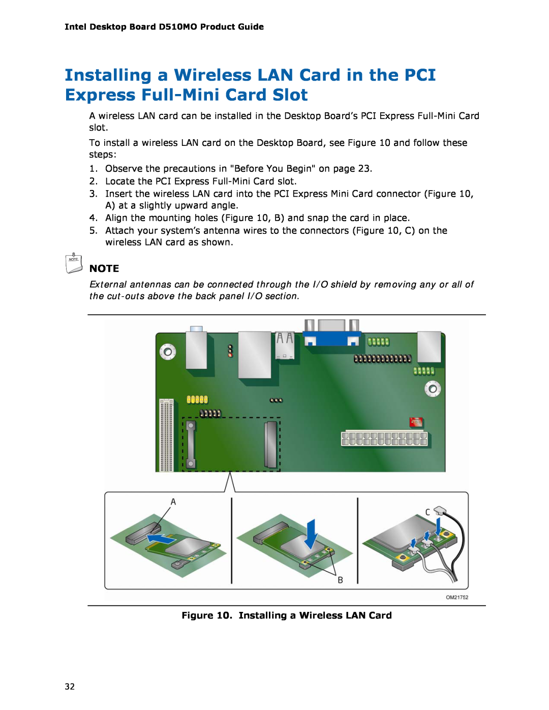 Intel D510MO manual Installing a Wireless LAN Card in the PCI Express Full-Mini Card Slot 