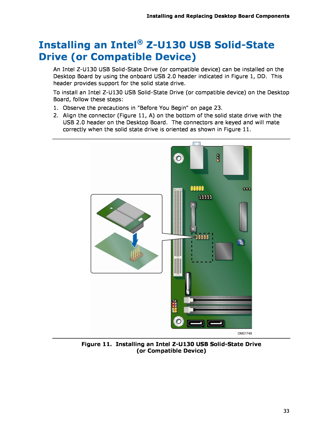 Intel D510MO manual Installing an Intel Z-U130 USB Solid-State Drive or Compatible Device 