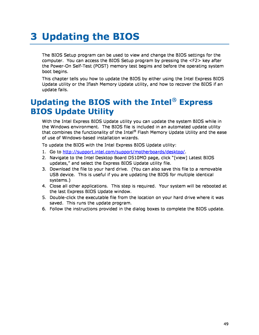 Intel D510MO manual Updating the BIOS with the Intel Express BIOS Update Utility 