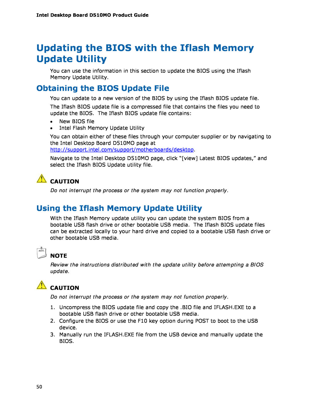 Intel D510MO manual Updating the BIOS with the Iflash Memory Update Utility, Obtaining the BIOS Update File 