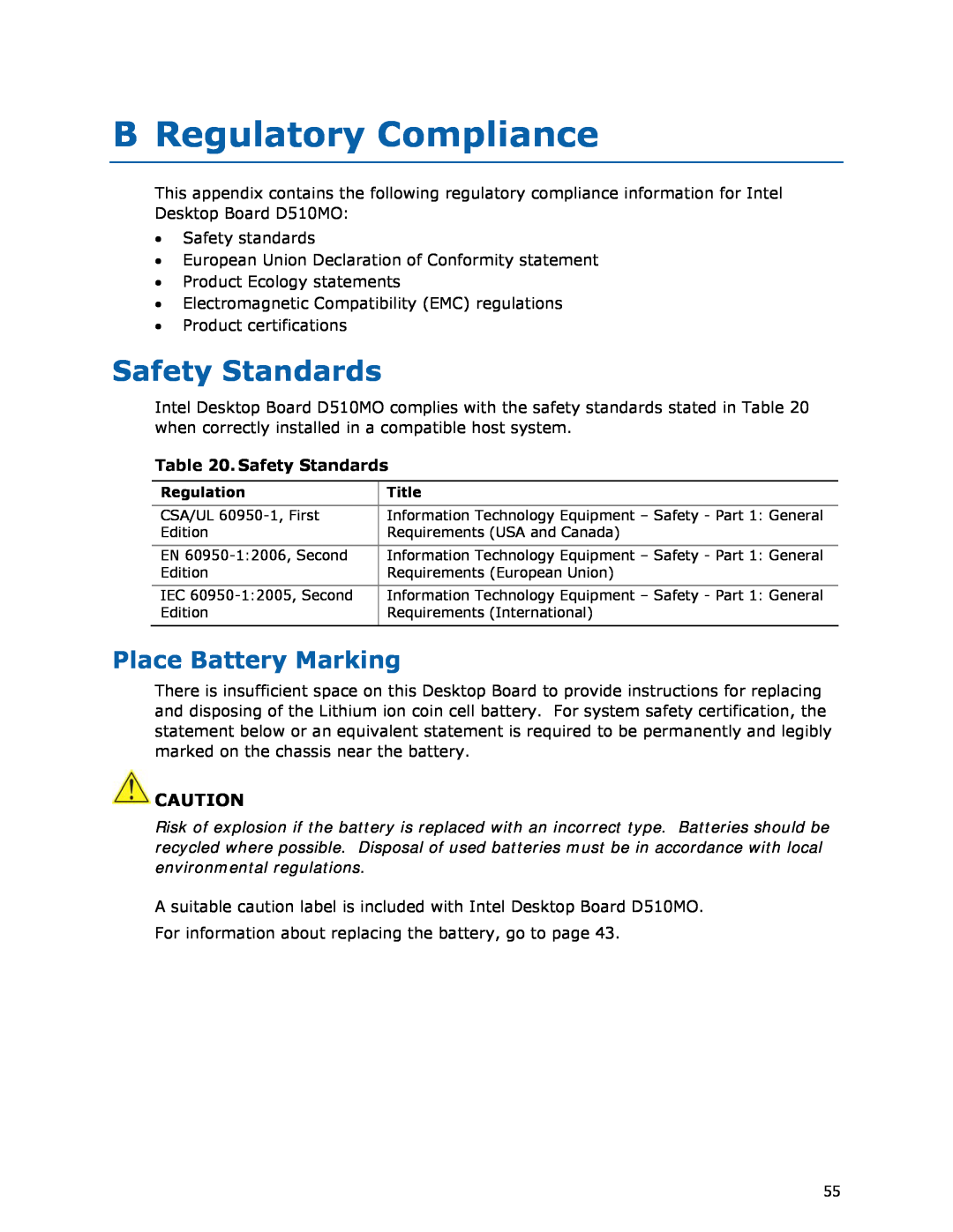 Intel D510MO manual B Regulatory Compliance, Safety Standards, Place Battery Marking 