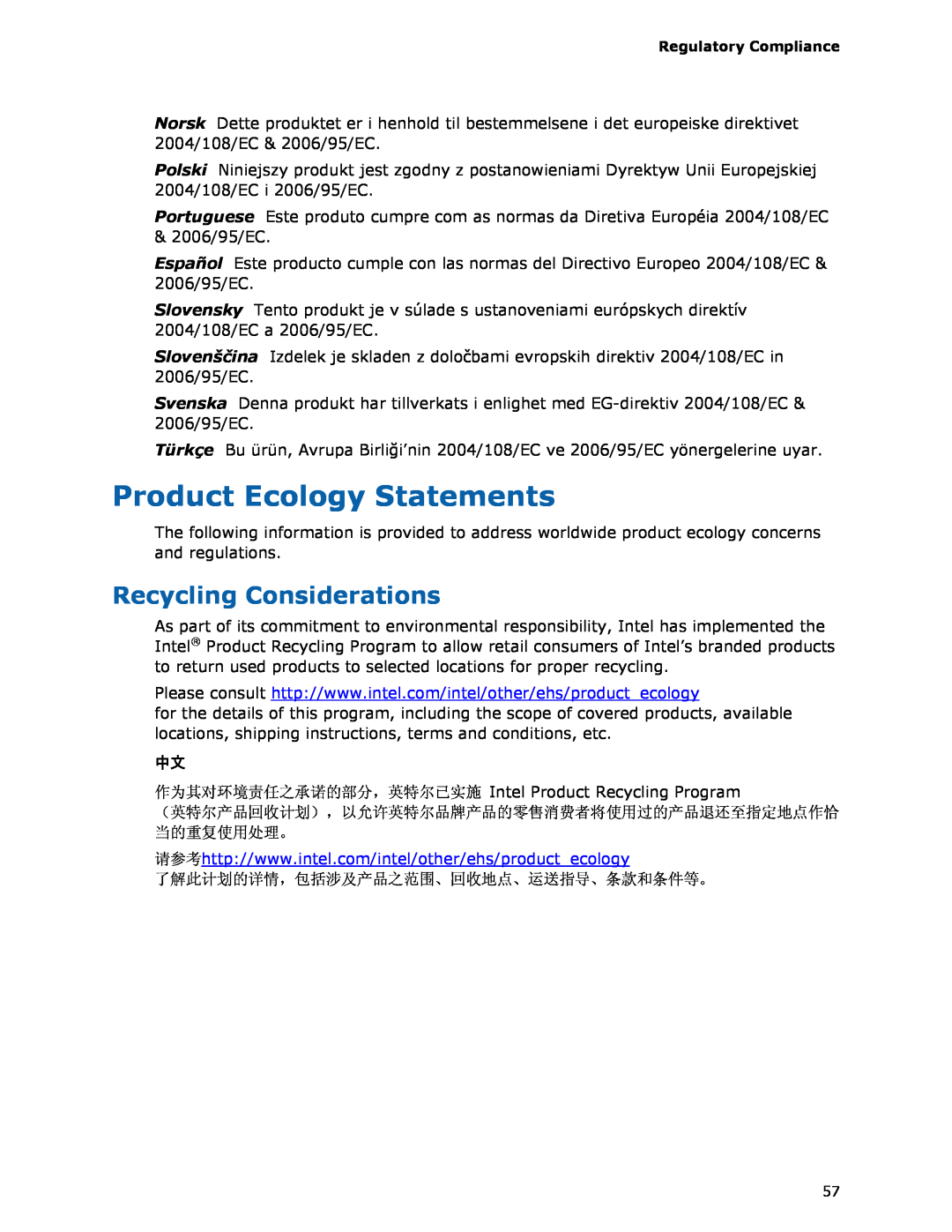 Intel D510MO manual Product Ecology Statements, Recycling Considerations 