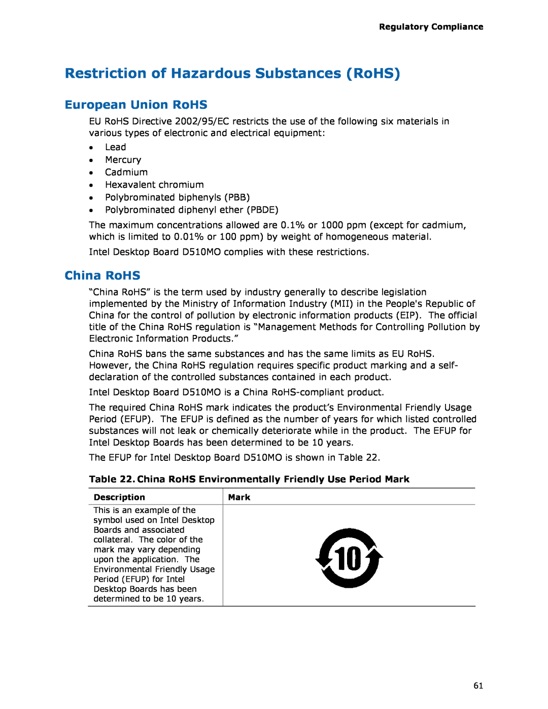 Intel D510MO manual Restriction of Hazardous Substances RoHS, European Union RoHS, China RoHS 