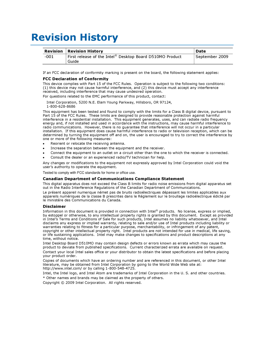 Intel D510MO manual Revision Revision History Date, FCC Declaration of Conformity, Disclaimer 