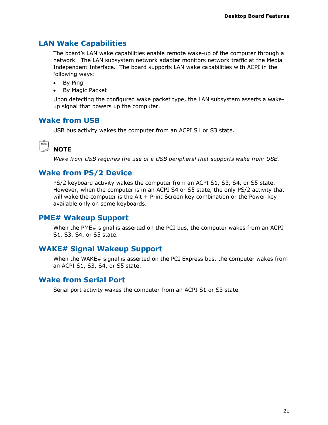 Intel D510MO manual LAN Wake Capabilities 