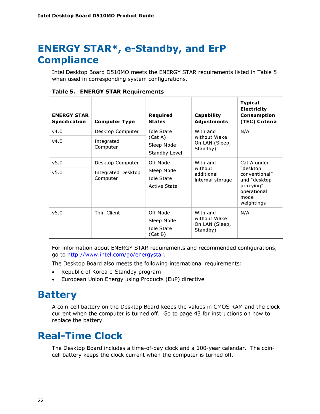 Intel D510MO manual Energy STAR*, e-Standby, and ErP Compliance, Battery, Real-Time Clock, Energy Star Requirements 