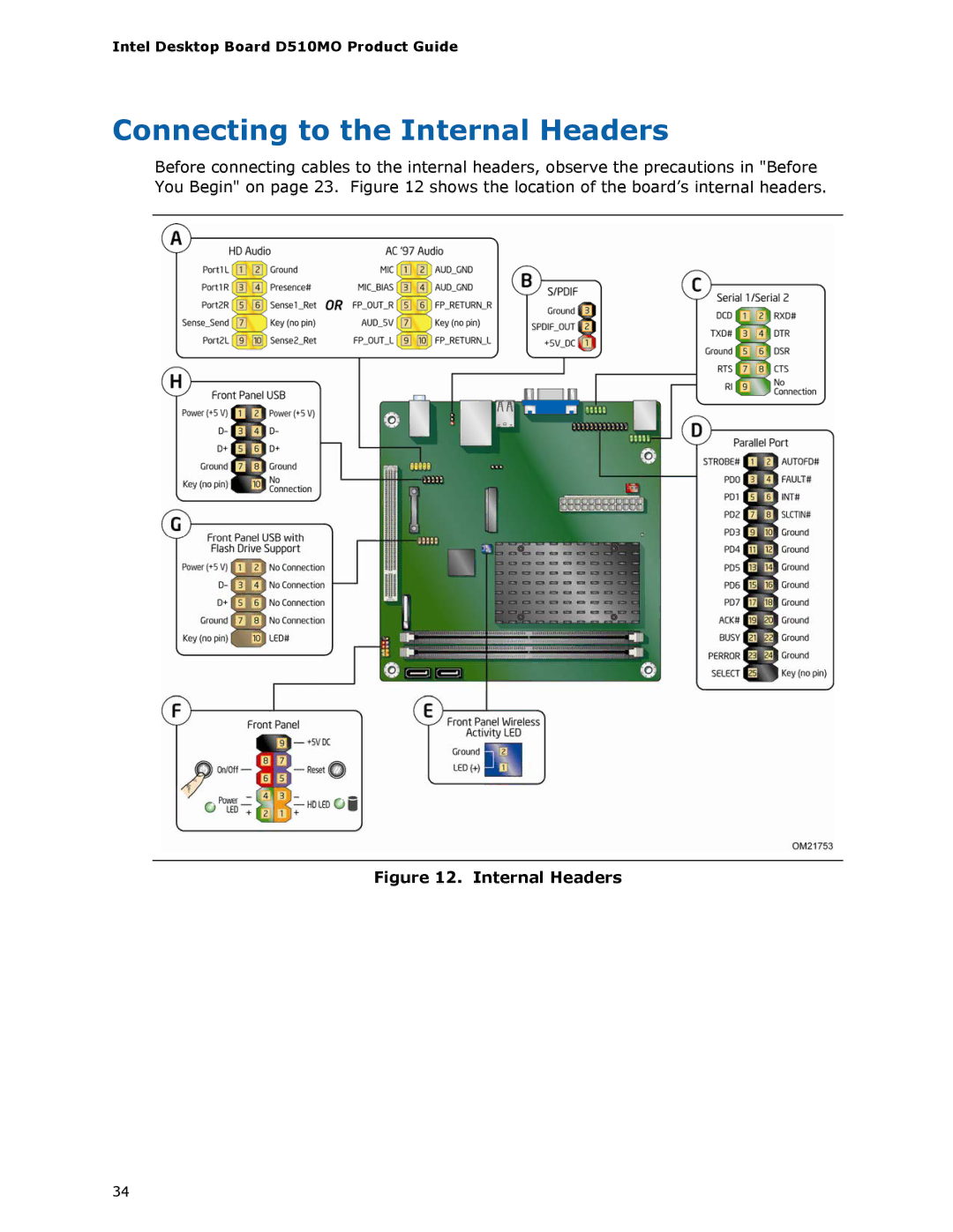 Intel D510MO manual Connecting to the Internal Headers 