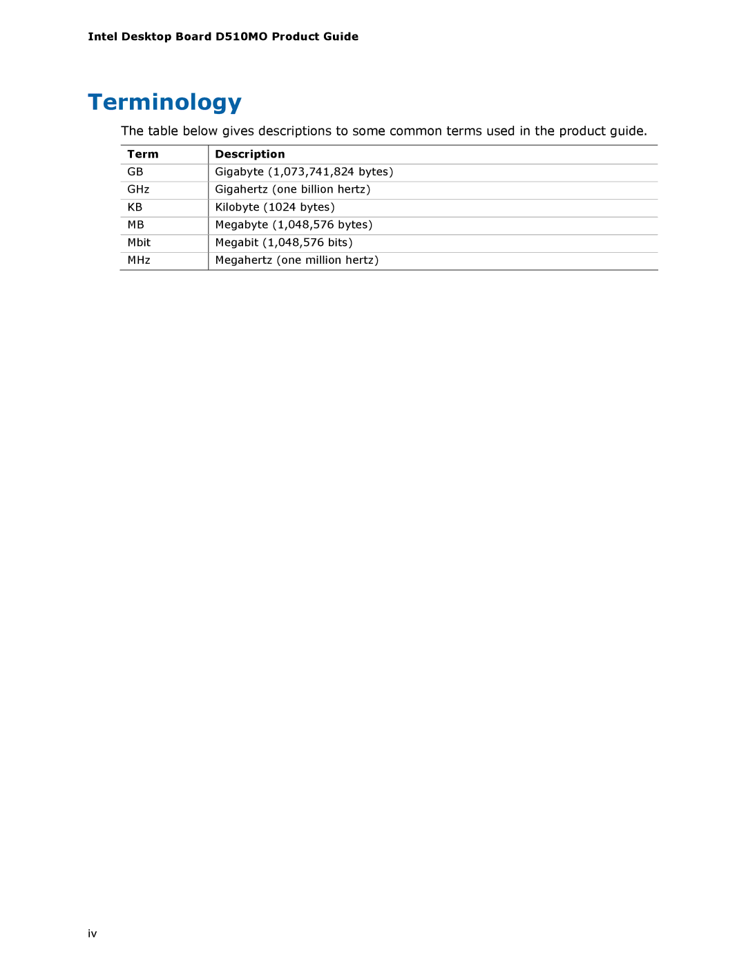 Intel manual Terminology, Intel Desktop Board D510MO Product Guide, Term Description 