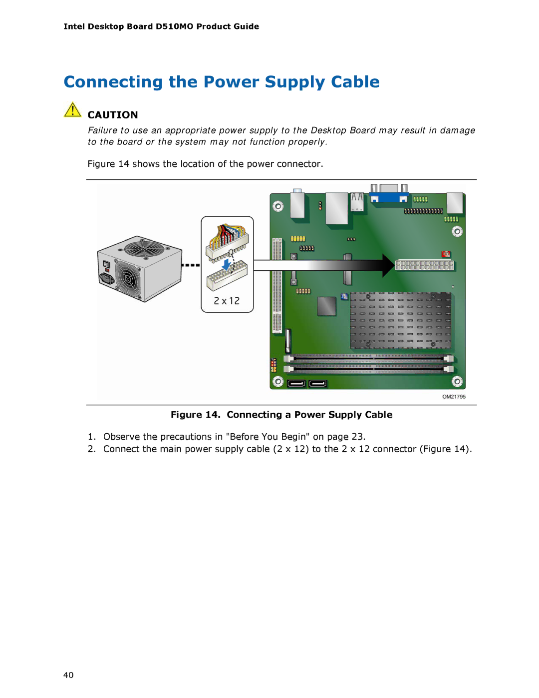 Intel D510MO manual Connecting the Power Supply Cable, Connecting a Power Supply Cable 