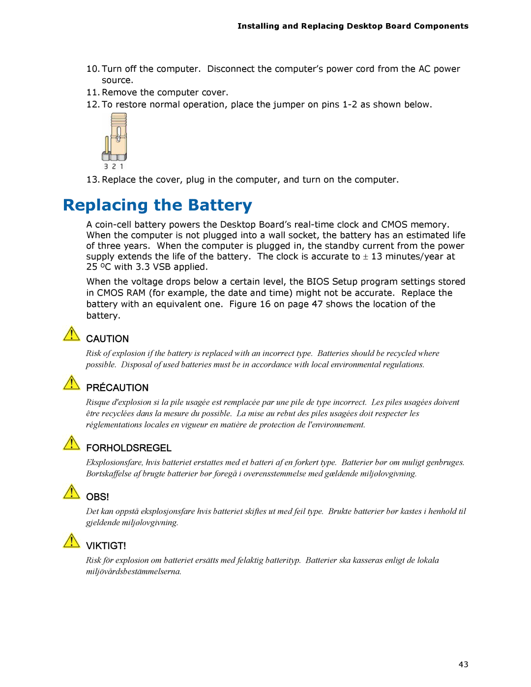 Intel D510MO manual Replacing the Battery, Précaution 