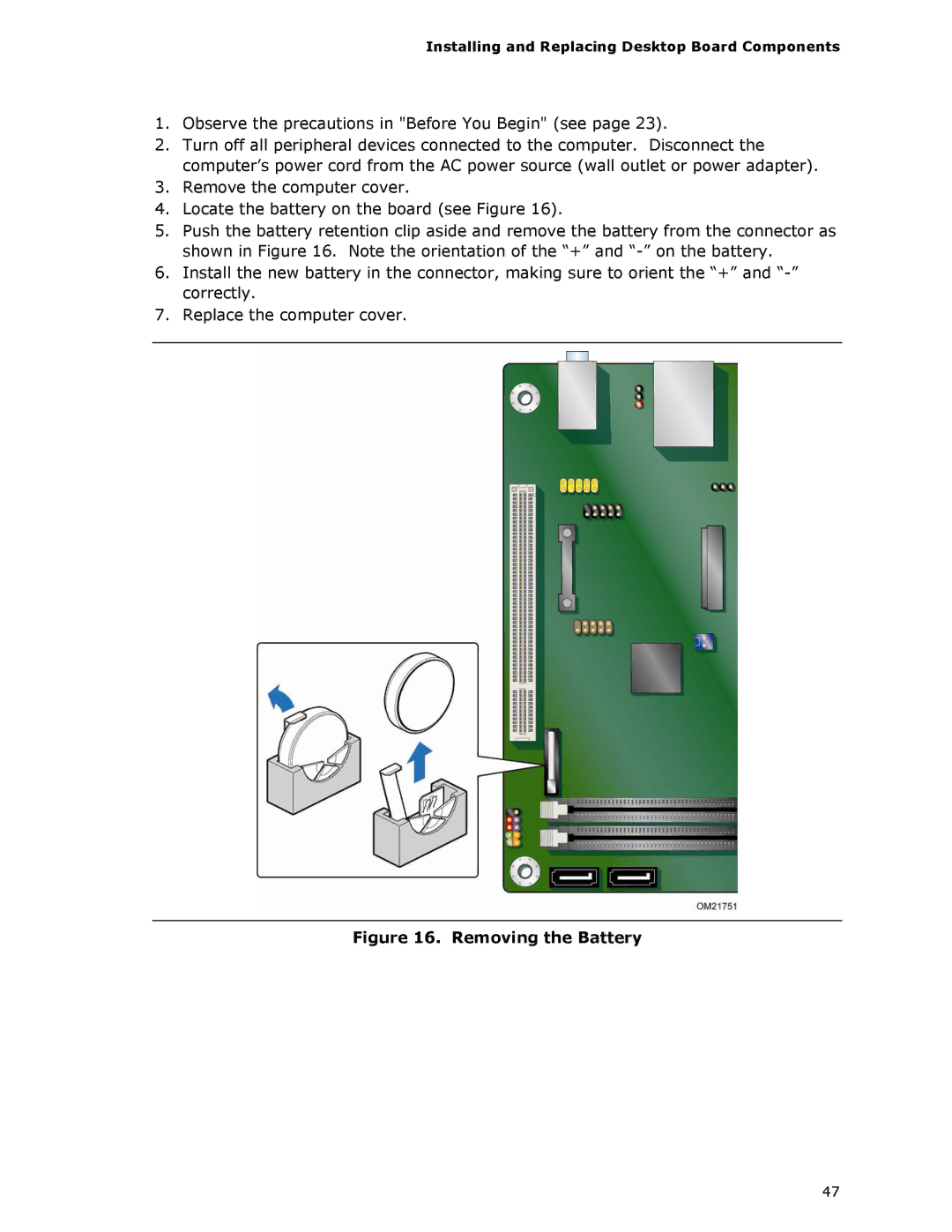 Intel D510MO manual Removing the Battery 