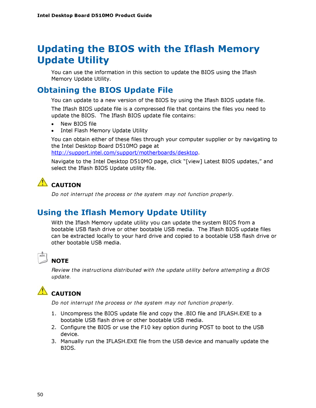 Intel D510MO manual Updating the Bios with the Iflash Memory Update Utility, Obtaining the Bios Update File 