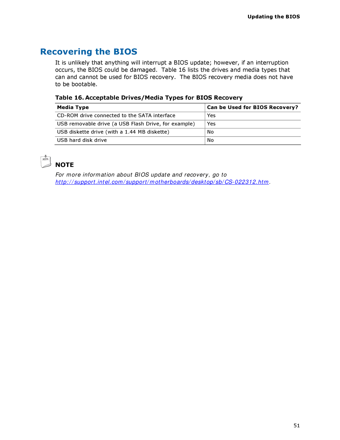 Intel D510MO manual Recovering the Bios, Acceptable Drives/Media Types for Bios Recovery, Updating the Bios 