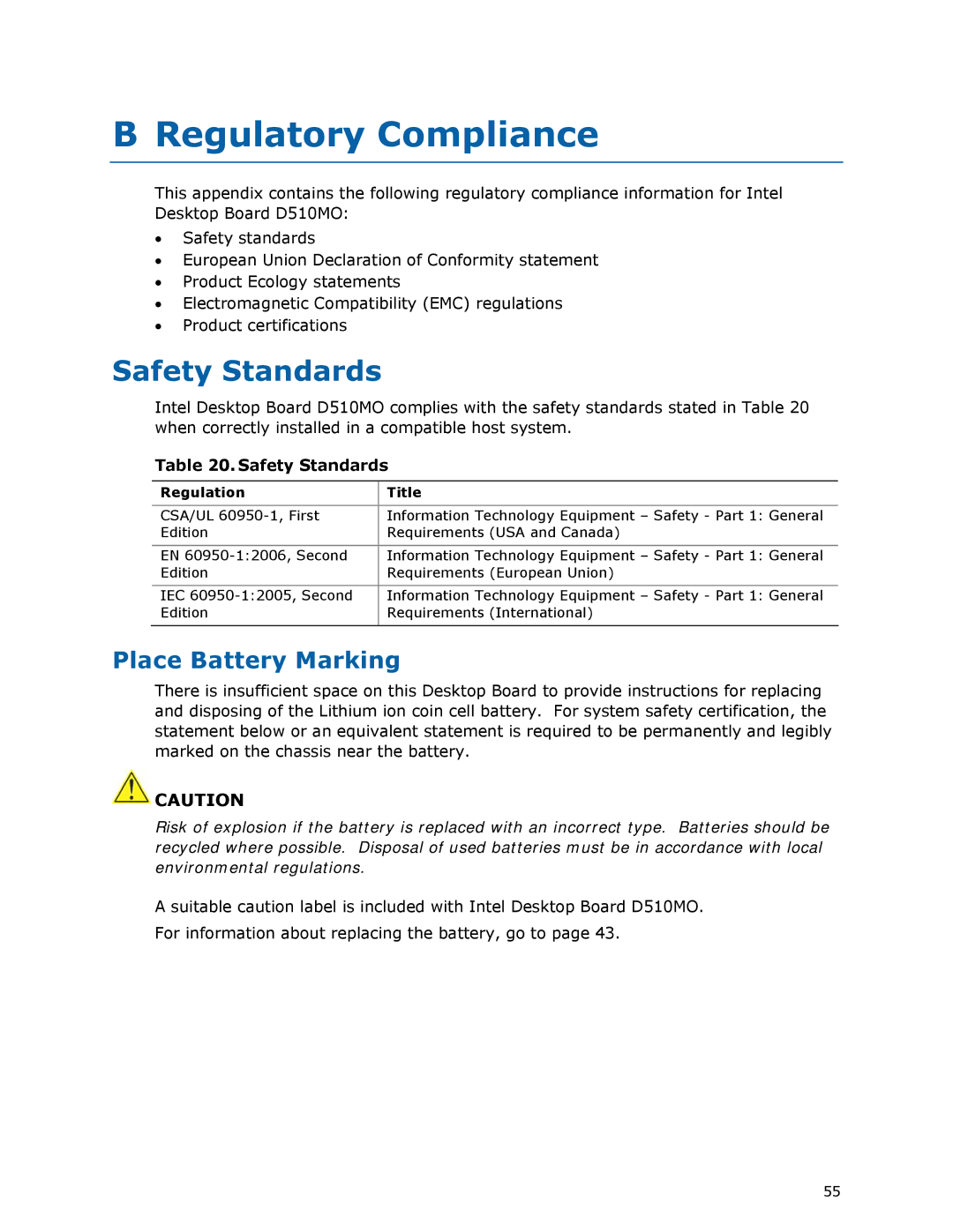 Intel D510MO manual Regulatory Compliance, Safety Standards, Place Battery Marking, Regulation Title 