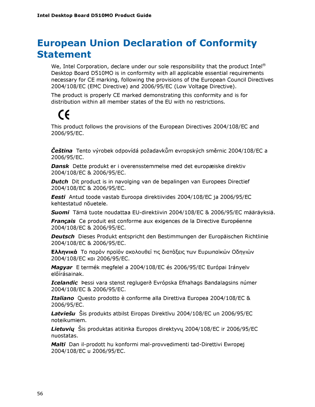 Intel D510MO manual European Union Declaration of Conformity Statement 