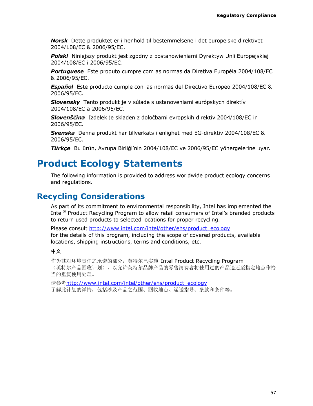 Intel D510MO manual Product Ecology Statements, Recycling Considerations, Regulatory Compliance 