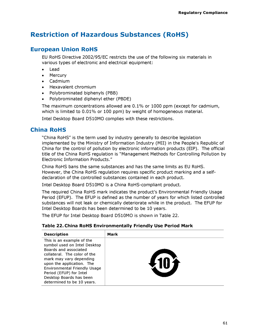 Intel D510MO manual Restriction of Hazardous Substances RoHS, China RoHS Environmentally Friendly Use Period Mark 