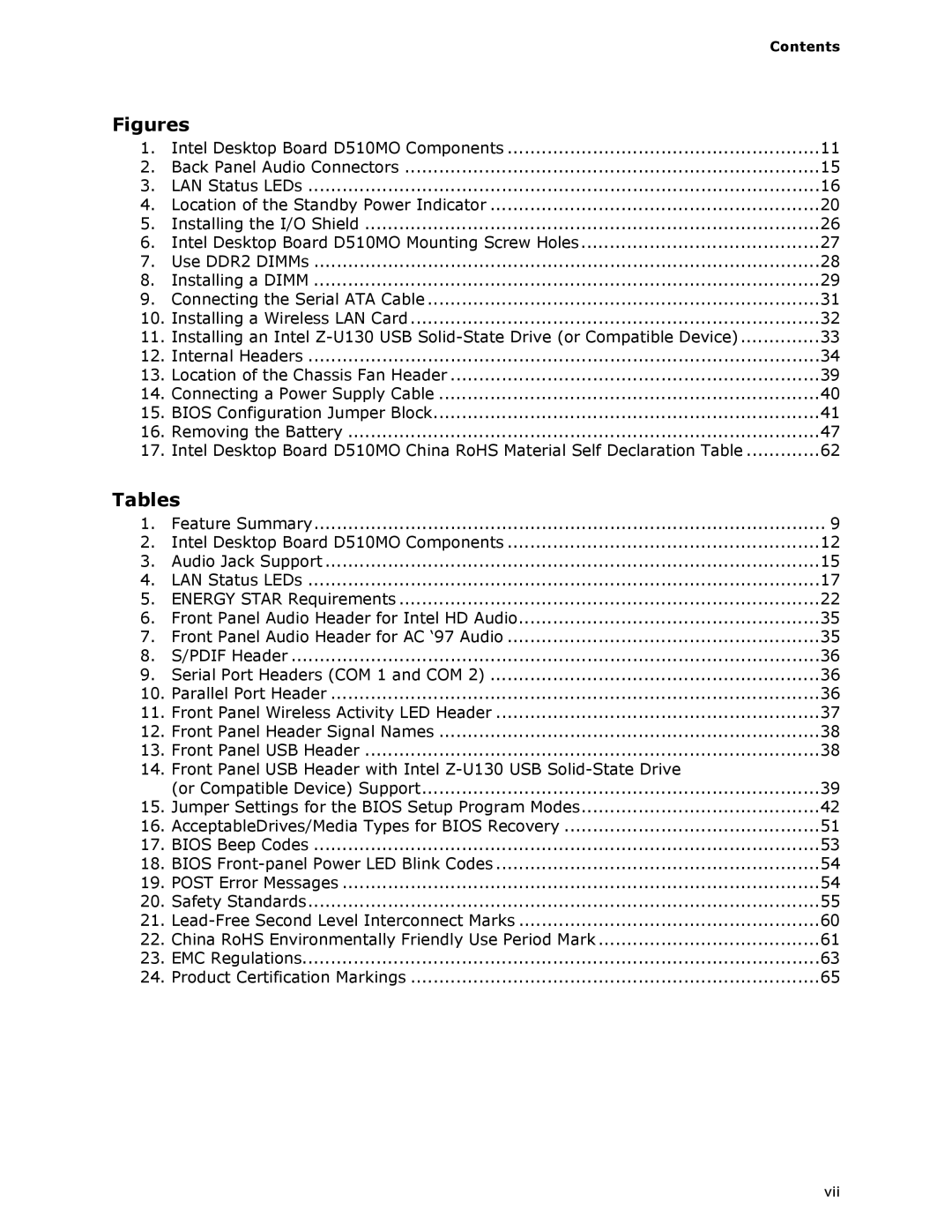 Intel D510MO manual Tables, Contents 